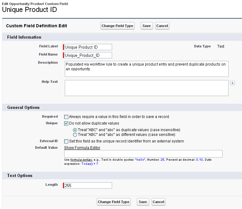 Unique Product ID text field