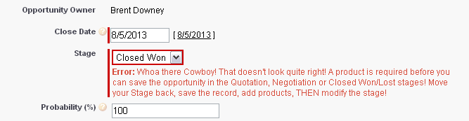 Opportunity Error Message After